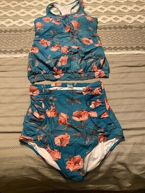 Women’s Teal Floral Tankini Bikini Set - Peach Floral Print